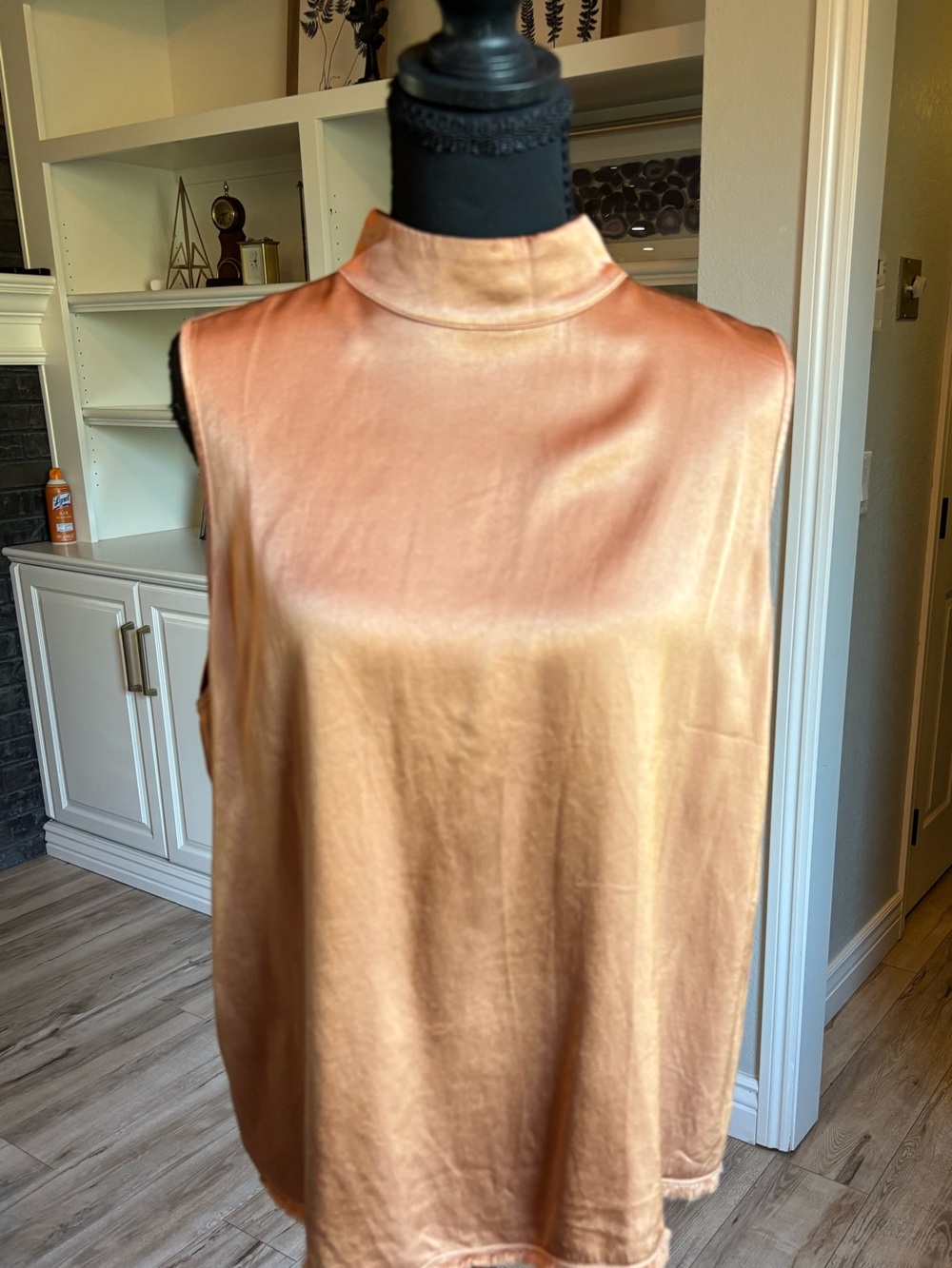 Sleeveless Mock Neck Satin Blouse in Peachy Apricot